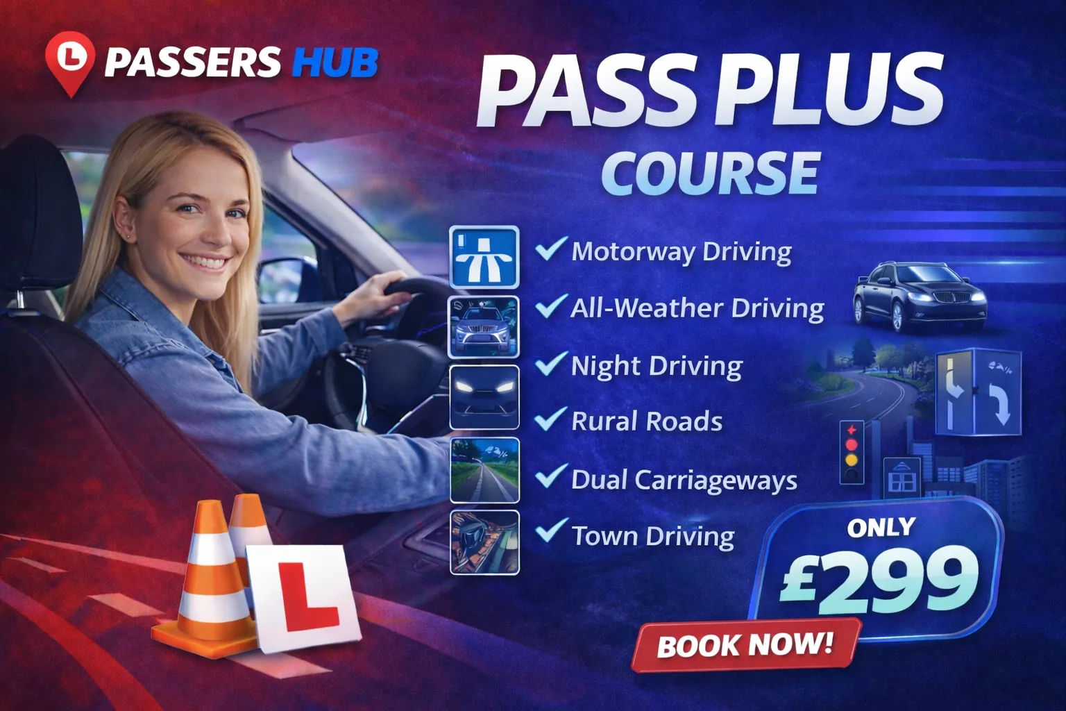 Pass Plus driving course covering six advanced driving modules with Passers Hub Driving School